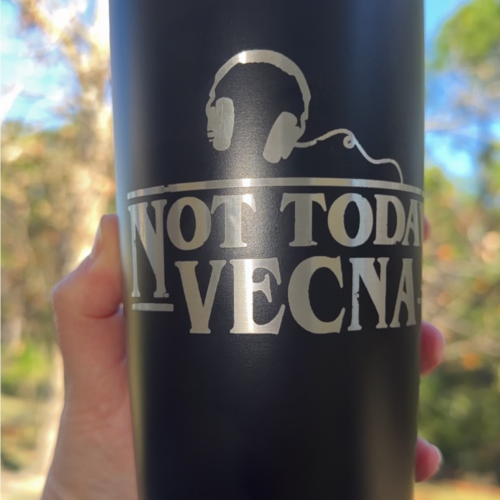 ‘Not Today Vecna’ Laser Engraved Black Stainless Tumbler with clear lid. 20 oz